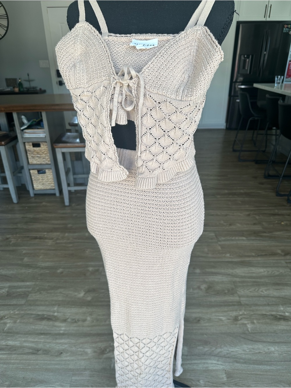 Olive + Oak Beige Crochet 2-Piece Maxi Skirt & Crop Top Set XS